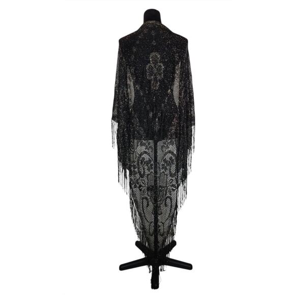 Vtg XL Black Gold Metallic Lace Triangle Shawl Wrap Fringe Scarf Boho Evening